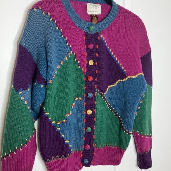 1990 Susan Bristol Cardigan Womens S Wool Knit Patchwork Vintage Flawed - Picture 6 of 11